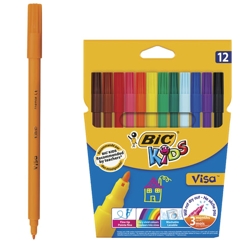 Фломастеры BIC "VISA", 12 цветов, суперсмываемые, вентилируемый колпачок, европодвес, 888695 фото 2 Фломастеры BIC "VISA", 12 цветов, суперсмываемые, вентилируемый колпачок, европодвес, 888695 фото 2